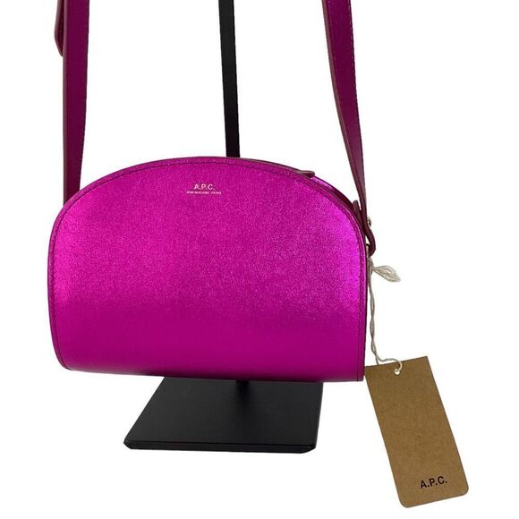 A.P.C Demi Lune Mini Bag Fuchsia Crossbody Purse Metallic Pink Leather - Picture 3 of 14
